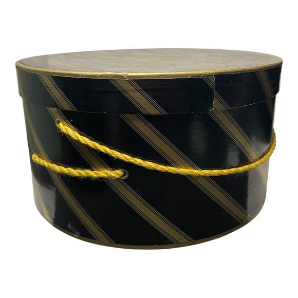Vintage 1950s Black Pillbox Hat w Original Striped Hat Box Union Made 22” main image 8
